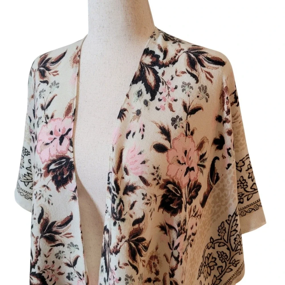 Nine West Rayon shawl Wrap Pink Floral womens OS Boho fringe dressy Casual Scarf